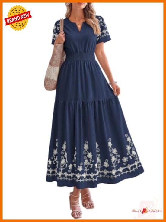 Dresses & Skirts - Floral Embroidered A-Line Maxi Dress with Pockets Short Sleeve V-Neck